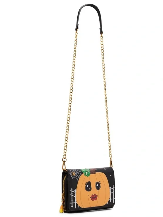 Betsey Johnson Black Crossbody Bag with Orange Pumpkin Face and Gold Chain - Picture 2 of 2
